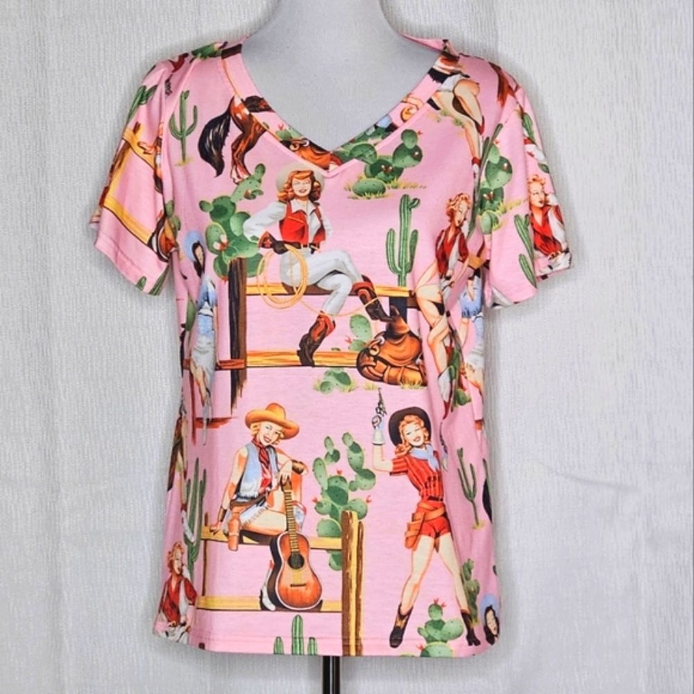 Cowgirl Retro Western Pink Short Sleeve V-Neck Pullover Tee Shirt Top Blouse